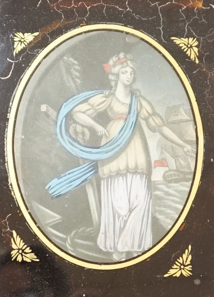 A Regency reverse painting of Brittania, 13.5 cms wide x 18.5 cms high.
